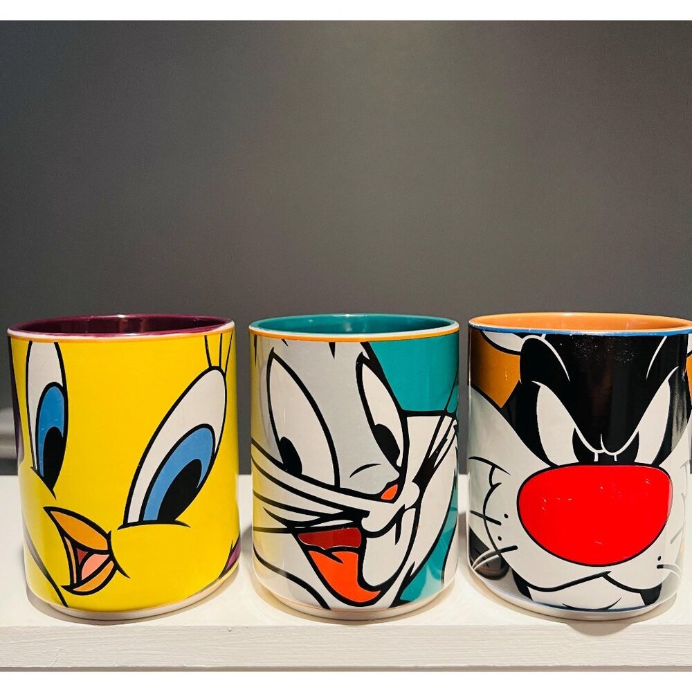 Set of 3 Vintage Looney Tunes Mugs|Tweety Bird, Bugs Bunny, Sylvester|WB Stamp